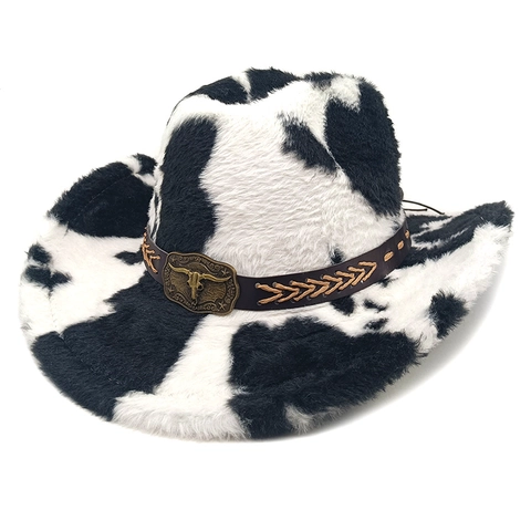 Cappello Da Cowboy Ecopelliccia Stampa Mucca Fibbia Metallo Testa Di Toro Cinturino Pelle Moda Retrò Unisex