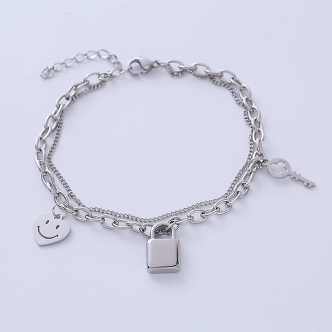 Zweilagiges 316 Edelstahl Charm Armband Herz Smiley Gesicht Schloss Und Schlüssel Anhänger Modeschmuck Frauen