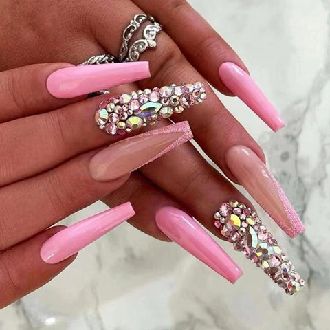 Faux Ongles Long Cercueil Strass Étincelant Dégradé Rose Style Français Doux Élégant Ongles Artificiels Pour Femmes