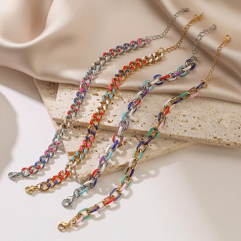 Cuban Chain Bracelet Stainless Steel Colorful Enamel Drip Oil Adjustable Lobster Clasp Hip Hop Trendy Jewelry For Women