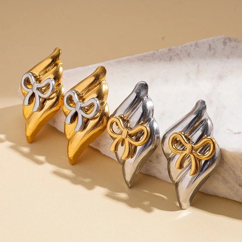 Bowtie Geometric Rhombus Stud Earrings With 925 Sterling Silver Post Stainless Steel Two Tone Retro High End For Women