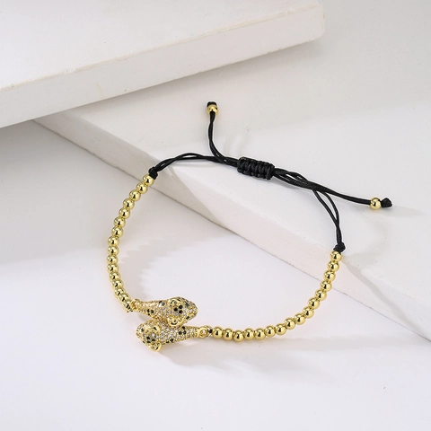 Panther Head Charm Bracelet Copper 18K Gold Plated CZ Micro Pave Adjustable Braided Cord Punk Hip Hop Fashion Jewelry