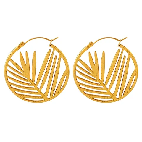 Pendientes De Aro De Acero Inoxidable Con Diseño De Hoja De Palma Calada Estilo Tropical Para Mujer