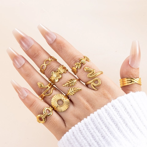 Adjustable Ring Stainless Steel Snake Leaf Flower Design Gold Plated Vintage Minimalist Bohemian Open Finger Jewelry