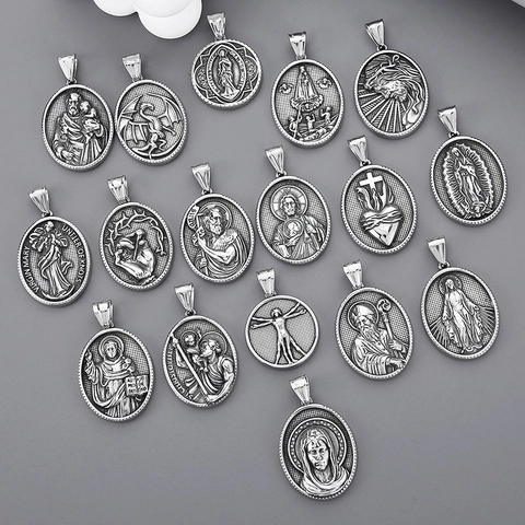 Retro Roestvrijstalen Religieuze Hanger Ketting Voor Heren Dames Maria Jezus Reliëf Medaillon Punk Gotische Sieraden