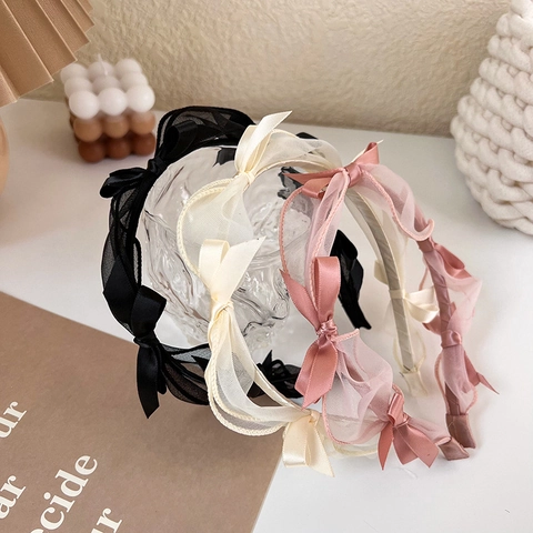 Elegant Mesh Gauze Bow Headband Satin Ribbon Sweet Princess Style Hair Accessory For Women Daily Wear