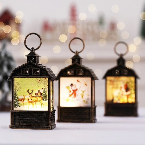 Lanterna Natale LED Lampada Granaio Vintage Finitura Bronzo Antico Decorazione Tavola Babbo Natale Pupazzo Di Neve Renna Motivi