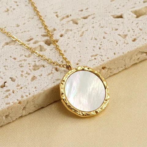 Ronde Hanger Ketting Roestvrij Staal 18K Verguld Gehamerd Kunstparelmoer Minimalistisch Elegant Mode Dames Sieraden