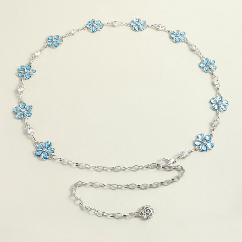 Cintura A Catena Da Vita Moda Donna Metallo Argento Fiore Cristallo Blu Strass Regolabile Per Vestito Festa Decor