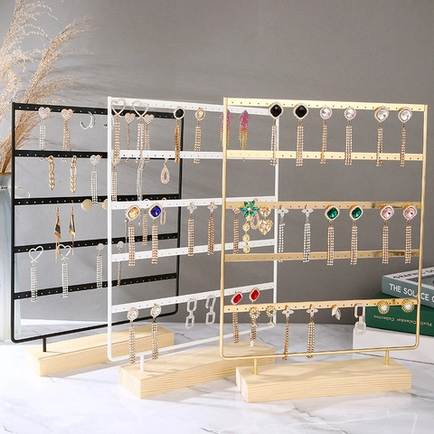 Earring Display Stand Metal Iron Multi Tier Multi Hole Organizer Jewelry Holder With Wood Base Modern Simple Storage