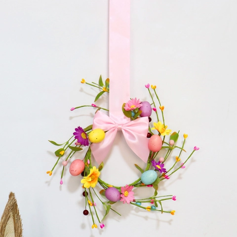 Easter Wreath Artificial Colorful Spotted Egg Pink Ribbon Bow Green Leaf Candle Ring Indoor Wall Door Party Decor