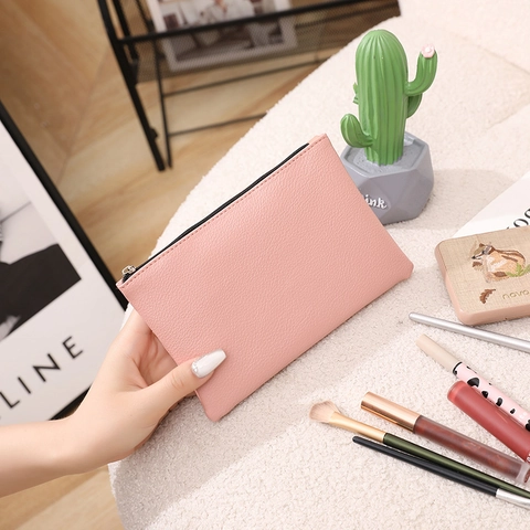 Trousse De Maquillage Ultra Mince En Cuir PU Texture Litchi Pochette De Rangement Étanche Zippée Portefeuille Voyage