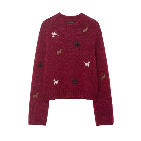 Dames Wijnrode Gebreide Trui Mohair Textuur Lange Mouwen Ronde Hals Kralen Dierlijk Patroon Winter Warm Elegant