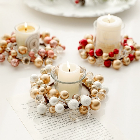 Christmas Candle Ring Wreath Plastic Beads Iron Wire Decorative Desktop Candle Holder For Holiday Party Home Decor