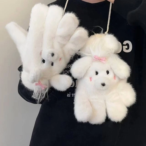 Simpatici Guanti In Peluche Cucciolo Cartone Animato Inverno Caldo Spessore Antivento Muffole In Pelliccia Sintetica Con Cordino Per Uomo Donna