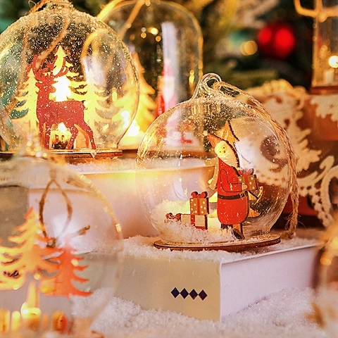 Ornement Suspendu Boule De Verre Lumineuse LED Noël Avec Base En Bois Père Noël Renne Arbre Décoration Maison Fenêtre
