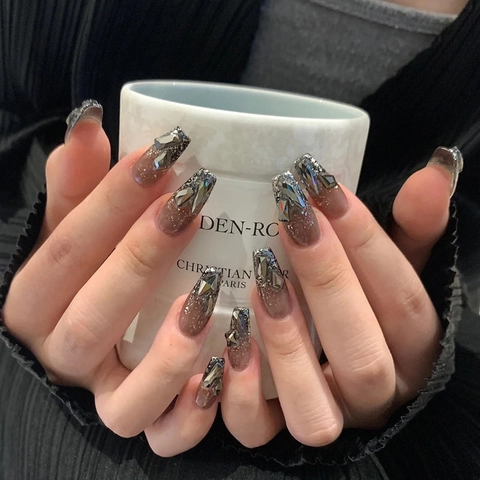 Handmade Luxury Press On Nails ABS Resin Rhinestone Pearl Decor Ombre Long Coffin Fake Nails For Women Party Manicure Accessory