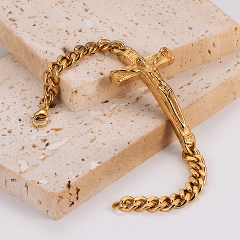 Jezus Crucifix Kruis Armband Voor Mannen 304 Roestvrij Staal 18K Verguld Cuban Link Ketting Hip Hop Religieuze Sieraden