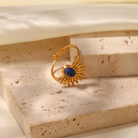 Anello Aperto in Acciaio Inossidabile Placcato Oro 18K Vintage Francese Con Lapislazzuli Intarsiato Anello di Moda Regolabile Gioielli per Donna