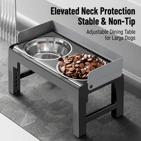 Elevated Dog Bowl Adjustable Height Stainless Steel And Slow Feeder With Splash Guard For Large Medium Dogs Neck Protection