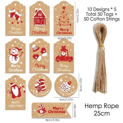 Christmas Gift Tags Kraft Paper Hanging Labels Merry Christmas Holiday Wrapping Decor Santa Snowman Patterns Hemp Rope