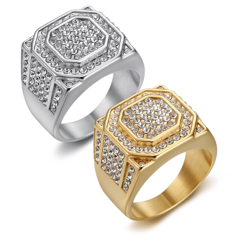 Anello Sigillo Quadrato Iced Out Da Uomo Placcato Oro Acciaio Inossidabile Titanio Hip Hop Rappers Gioielli In Zirconia