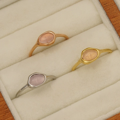 Bague Vintage en Acier Inoxydable 316 Quartz Rose Irrégulier Luxe Plaqué Or Pierre Naturelle Bague Minimaliste Pour Femme Bijoux Mode Accessoire