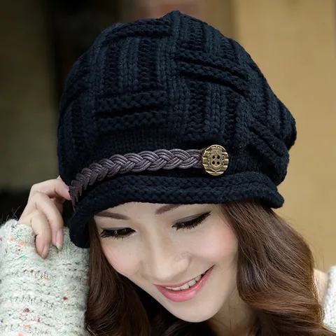 Women Winter Warm Acrylic Knit Beanie Hat With Woven Leather Strap Vintage Metal Button Solid Color Rolled Edge Cap