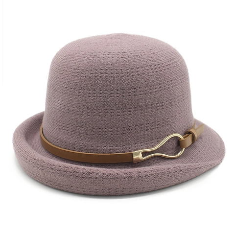Retro Knitted Cloche Hat For Women Warm Elegant Bell Shaped Bucket Hat With PU Leather Belt Metal Buckle Foldable