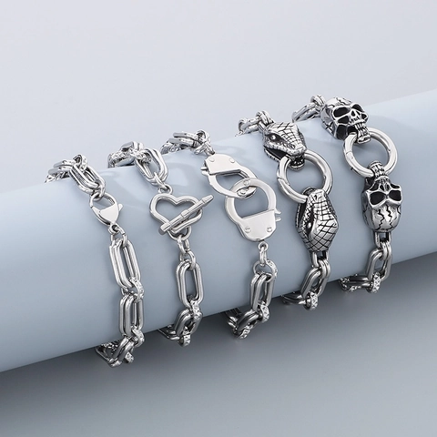 Men Bracelet Stainless Steel Punk Gothic Skull Snake Head Handcuff Heart Vintage Silver Color Heavy Chain Jewelry