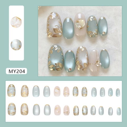 Elegante Cat Eye Künstliche Nägel Zum Aufkleben Mit 3D Goldblumen Relief Rheinkiesel Und Künstlichen Künstliche Perlen ABS Kunststoff