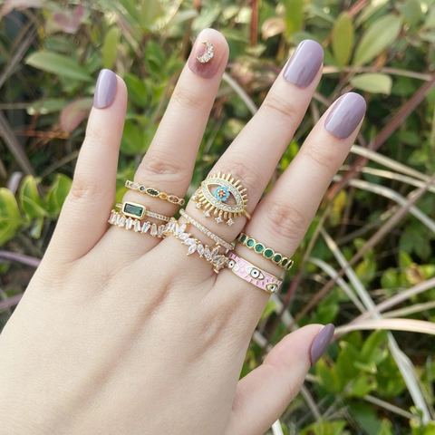 Anillos De Cobre Del Mal De Ojo Con Circón Colorido Banda Abierta Ajustable Esmalte Joyería De Lujo Bohemia Para Mujer