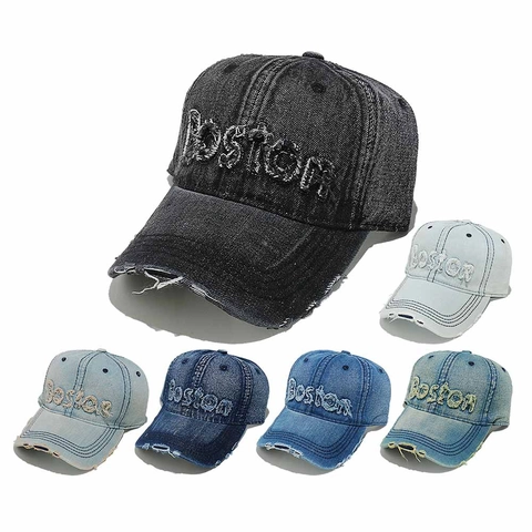 Baseball Cap Cotton Washed Denim Distressed Ripped Frayed Edge Boston Letter Embroidery Retro American Style Men Women