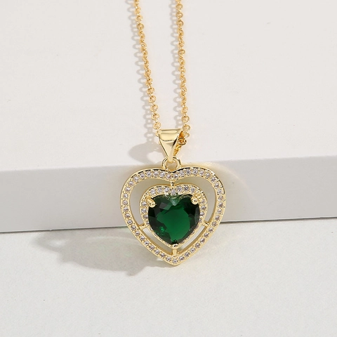 Elegant Heart Pendant Necklace Copper Gold Plated With Emerald Green Zircon Full Inlaid Clavicle Chain For Women Jewelry