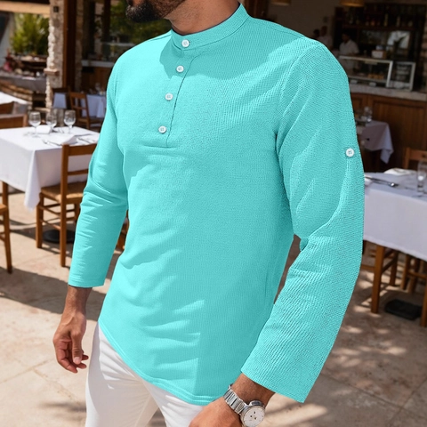 Herren Langarm Waffelstrick Henley Shirt Stehkragen Lässig Business Mode Knopfleiste Einfarbig Slim Fit Oberteil