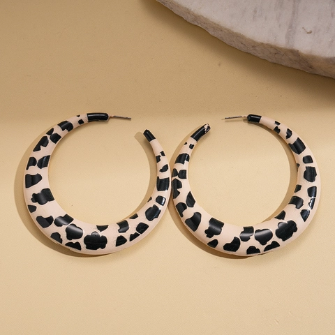 Large C-Shaped Hoop Earrings With Silver Earring Post Cow Print Animal Pattern Retro Geometric Jewelry Stylish For Women