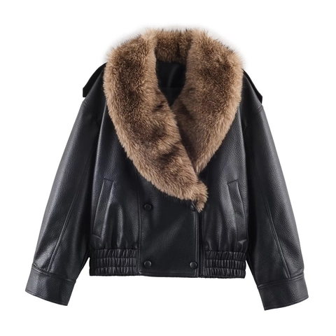 Dames Mode Kunstlederen Jas Met Afneembare Kunstbontkraag Double Breasted Moto Stijl PU Leren Mantel Normale Pasvorm Winter Warme Bovenkleding