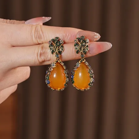 Vintage Teardrop Dangle Earrings Alloy Colorful Rhinestone Orange Resin Palace Style With Silver Earring Post For Women