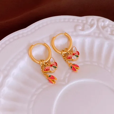 Schmetterling Blumenknospe Creolen Kupfer Emaille Vintage Chinesischer Stil Elegante Schmuck Für Frauen
