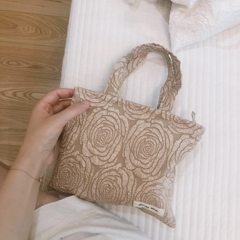 Mini Handtasche Rose Geprägt Jacquard Stoff Leinwand Kleine Tragetasche Reißverschluss Vintage Elegant Tragbarer Beutel