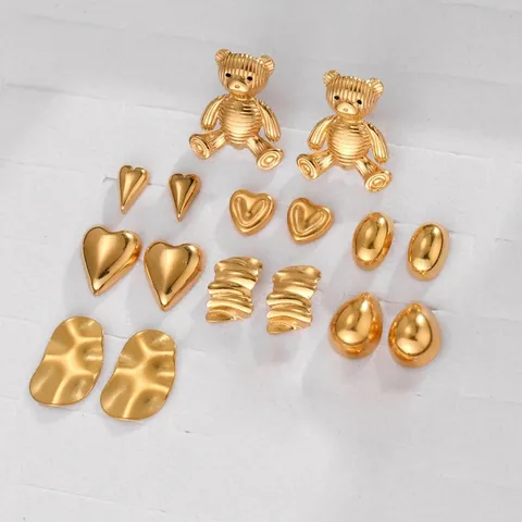 Boucles D'oreilles Cœur Vintage Acier Inoxydable Plaqué Or 18K Géométrique Goutte D'eau Ours Pour Femmes Bijoux Minimalistes