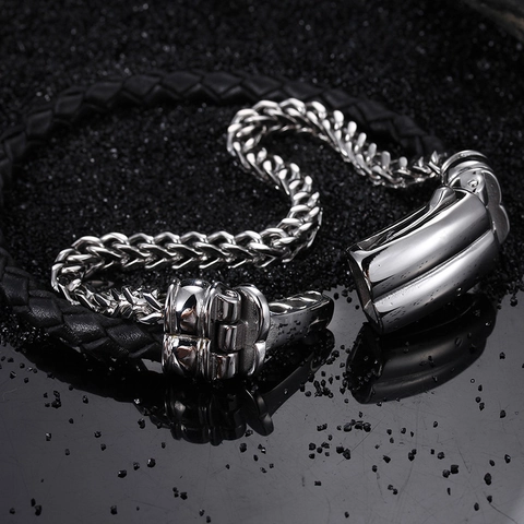 Bracelet Double Couche Pour Homme Acier Inoxydable Chaîne Épi Corde En Cuir Tressé Bijoux Punk Mode