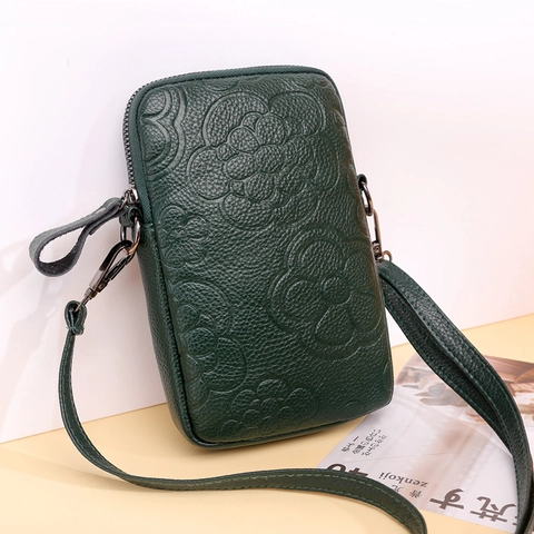 Women Crossbody Cell Phone Bag Embossed Floral PU Leather Lychee Texture Small Shoulder Pouch Zip Closure Elegant Wallet