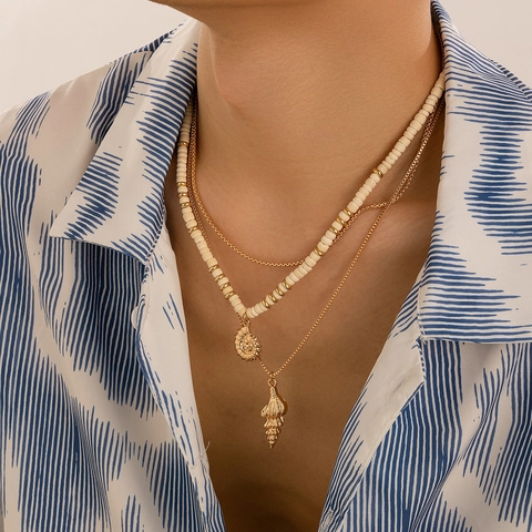 Men Layered Necklace Alloy Coconut Shell Beads Shell Sea Snail Pendants Summer Beach Hip Hop Style Gold Color Jewelry