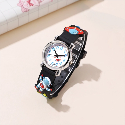 Kids Astronaut Rocket Theme Quartz Watch 3D Cartoon Space Pattern Silicone Band Analog Dial Student Gift Wristwatch