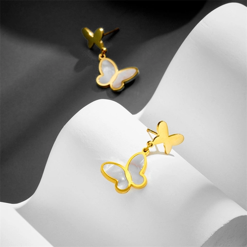 Butterfly Dangle Earrings Stainless Steel Mother Of Artificial Pearl Inlay Gold Plated Elegant Tassel Studs For Women Jewelry Gift