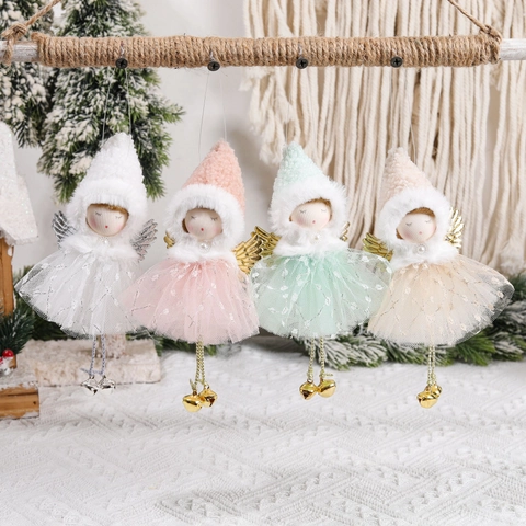 Christmas Angel Doll Ornaments Plush Pointed Hat Mesh Skirt Wings Metal Bells Hanging Holiday Home Tree Decorations