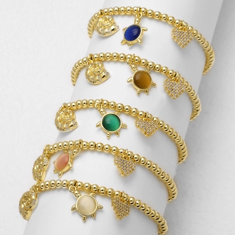 Elastisches Perlenarmband 18K Vergoldetes Kupfer Mit Meeresschildkröte Muschel Herz Anhängern Zirkon Kristall Schmuck