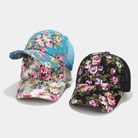 Casquette De Baseball Imprimé Fleuri Femmes Respirant Mesh Trucker Hat Rétro Extérieur Protection Solaire Réglable