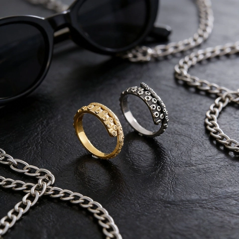 Octopus Tentakel Ring Roestvrij Staal Zuignap Textuur Open Verstelbaar Punk Rock Hip Hop Vintage Sieraden Voor Heren Dames